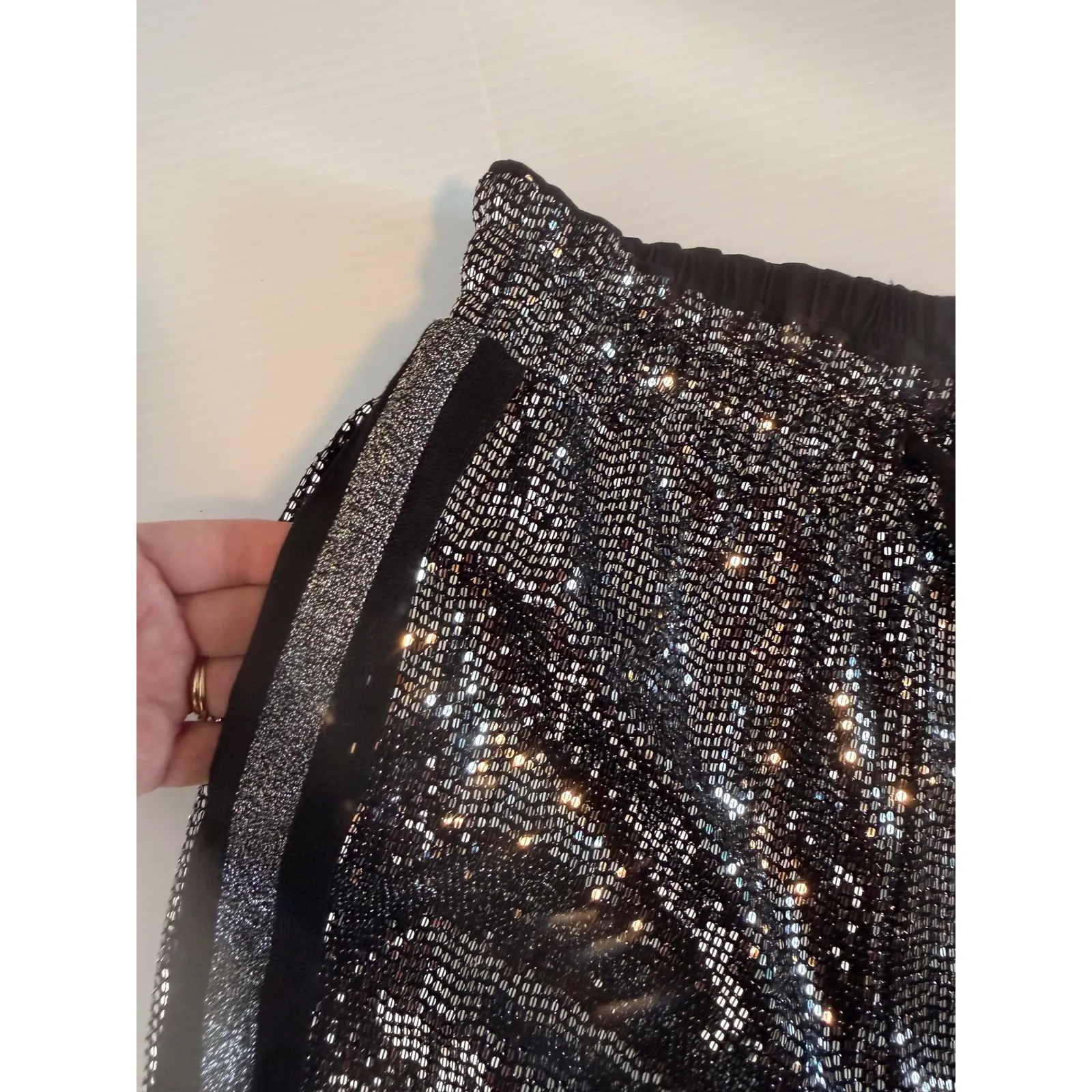 PAM & GELA Mirror Ball Sequin Jogger Pants Black Silver Drawstring Size S - Image 7