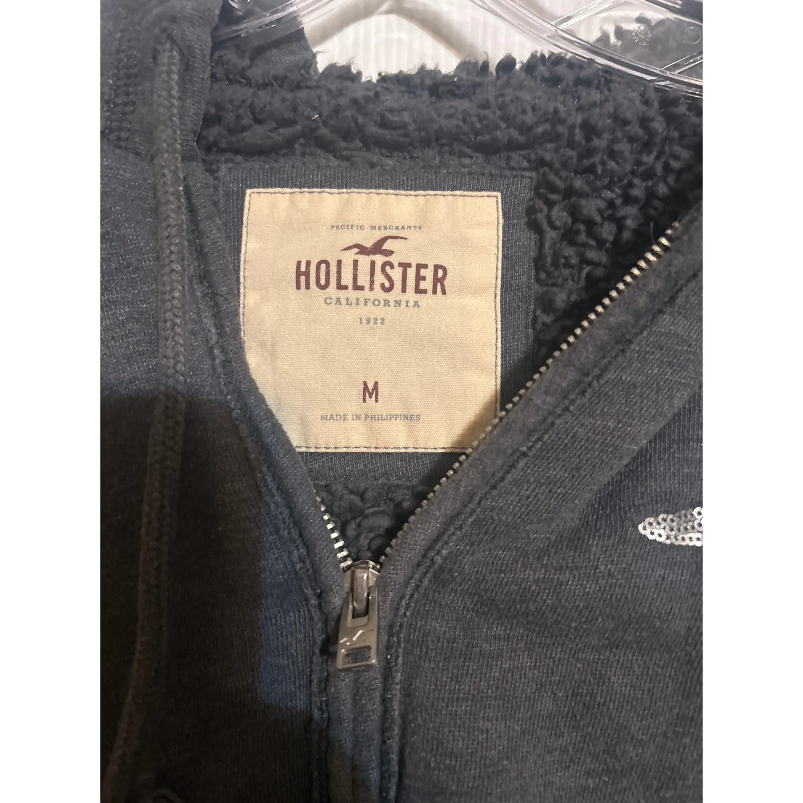 Hollister Sequin Seagull Zip Up Hoodie Fleece‎ Lined Gray M - Image 3