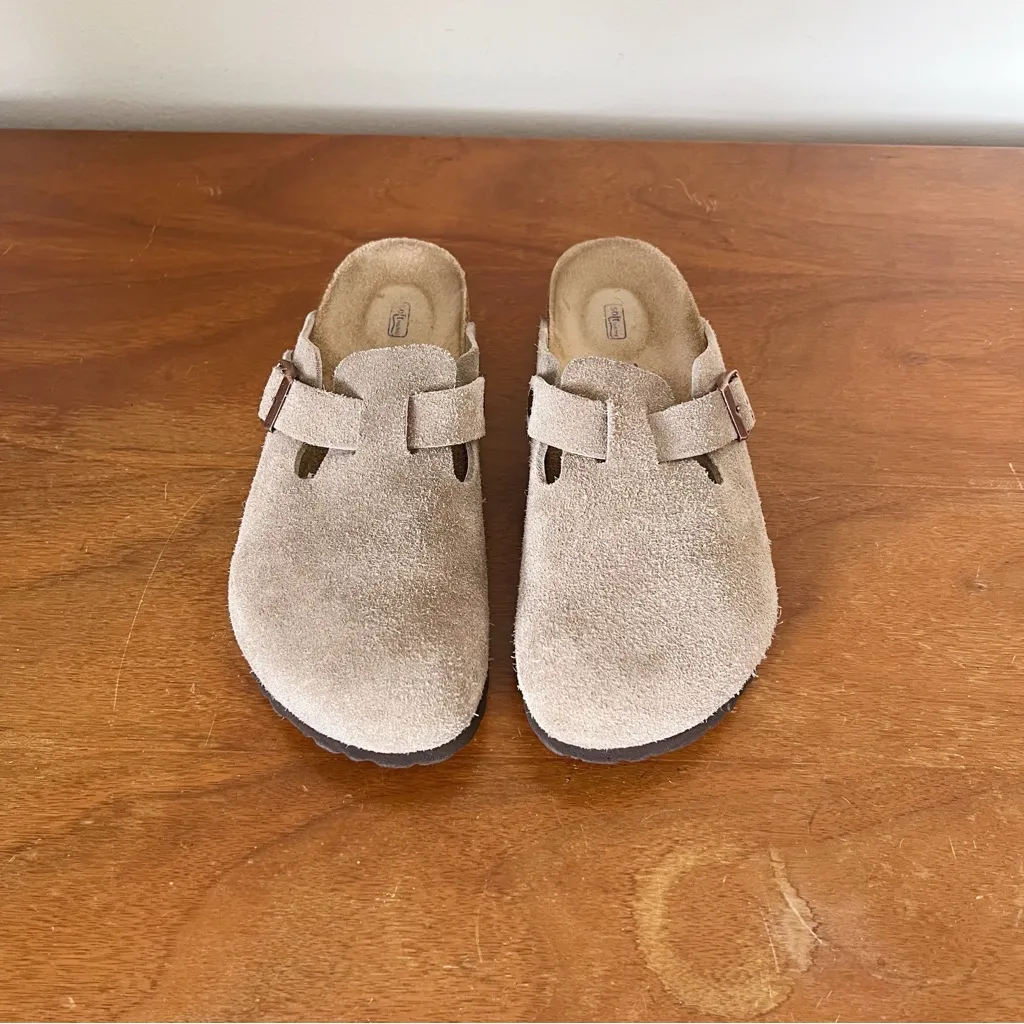 Birkenstock • Boston Clogs taupe suede leather soft footbed slip on buckle - Image 3