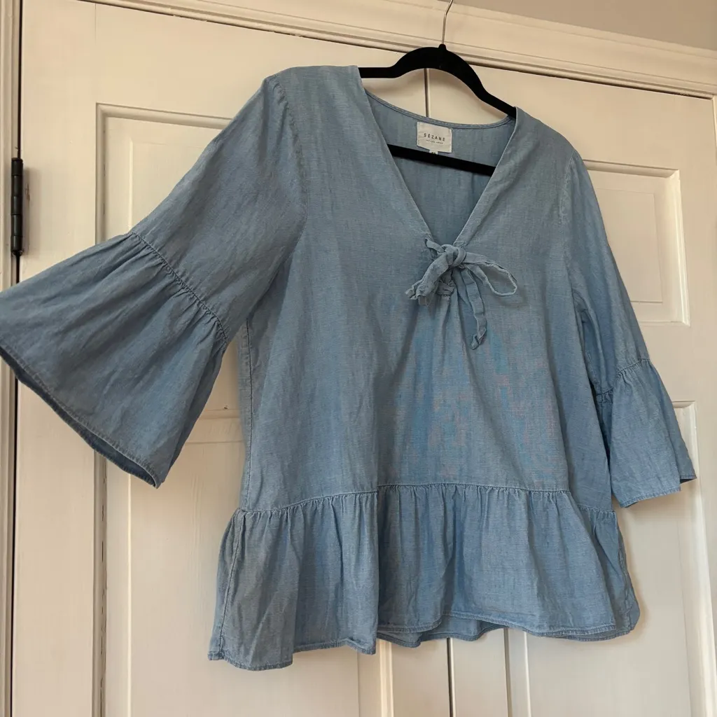Sezane Anita Chambray Top Lace Up Denim Blouse Bell Sleeve Peplum Size 42 US 10 - Image 11