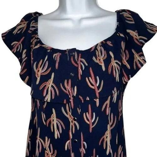 GYPSIES & MOONDUST‎  Navy On/Off Shoulder Rainbow Cactus Print Dress NWOT Medium - Image 4