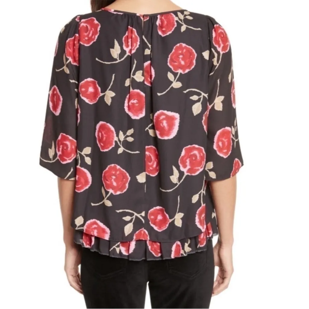 Kate Spade Small Black, Red, Pink Hazy Rose Layered Bell Sleeve Blouse Top - Image 3
