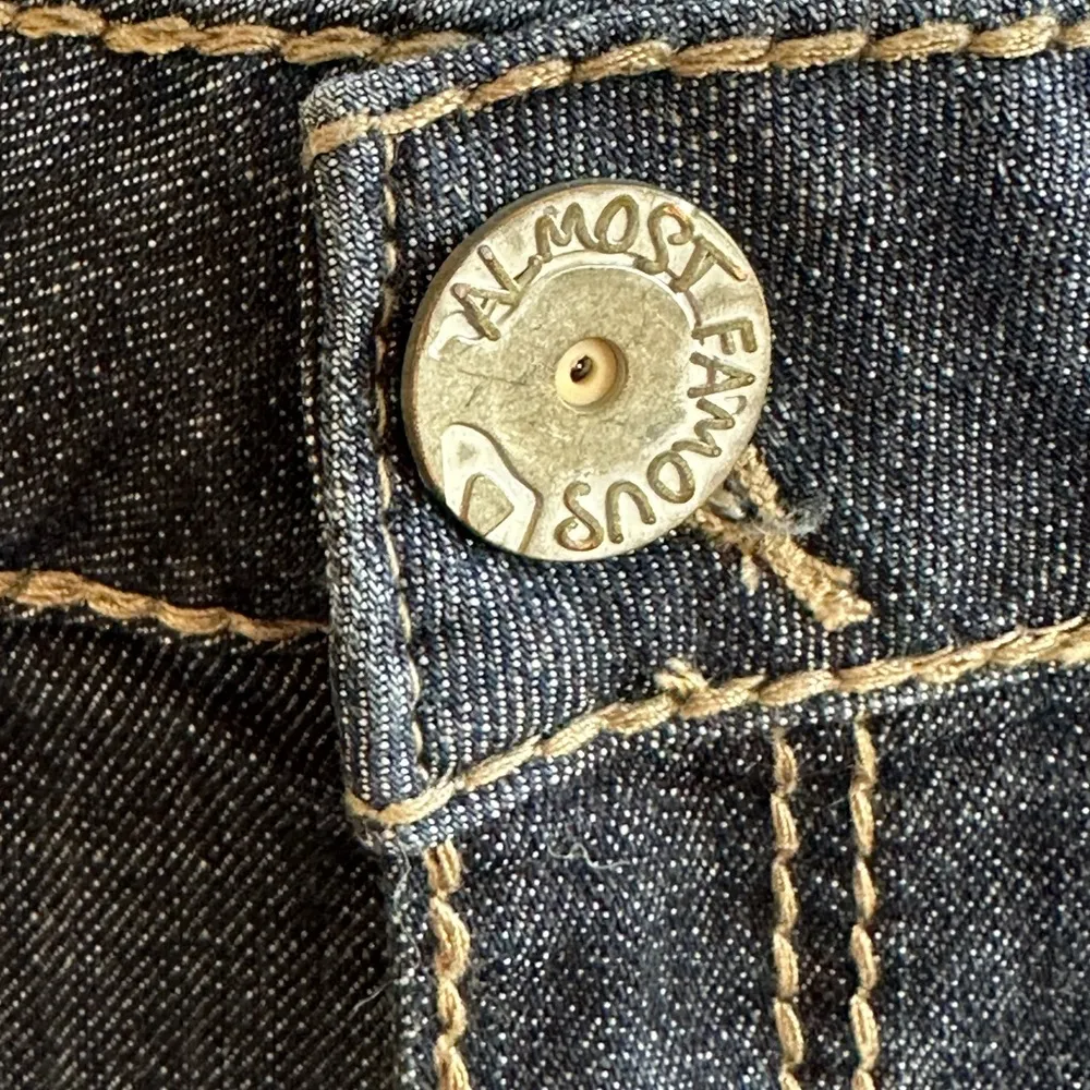 Almost Famous Vintage Denim Dark Blue Embellished Studded Ripped Mini Skirt Sz 7 - Image 6