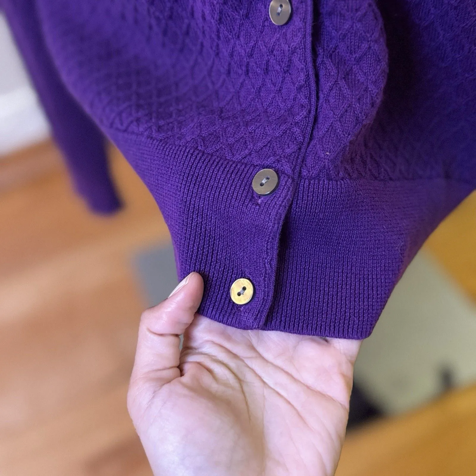 Land’s End Women’s 100% Supima Cotton Button Down Diamond Knit Cardigan Purple L - Image 10