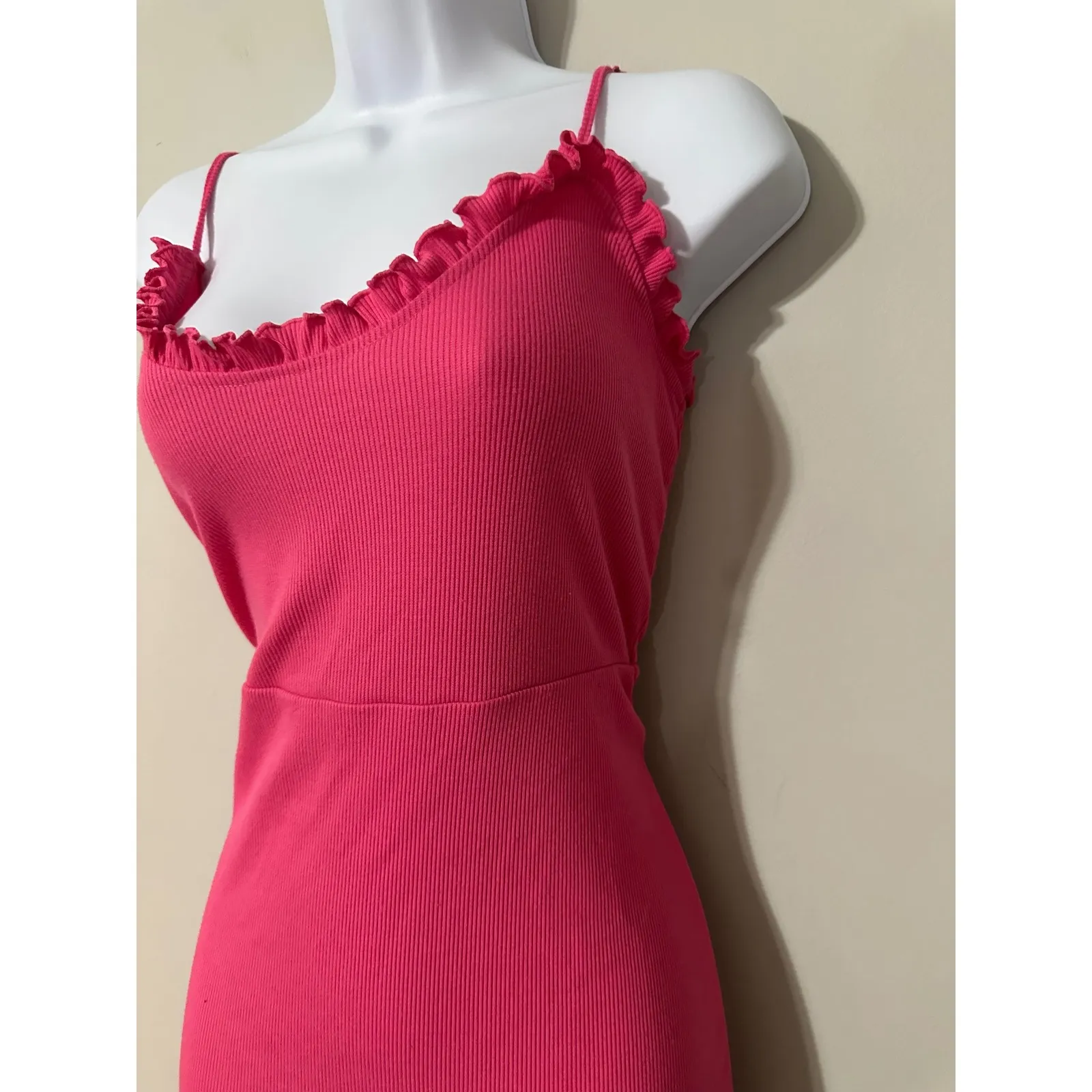 Future Collective Alani Noelle Pink Ribbed Ruffle Spaghetti Strap Mini Dress Med - Image 2