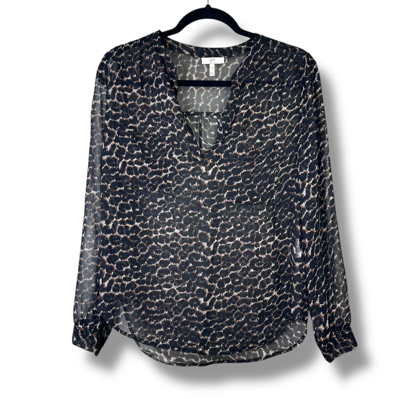 Joie Adana Leopard Print Silk Sheer Chiffon V-Neck Double Front Pocket Blouse XS - Image 2