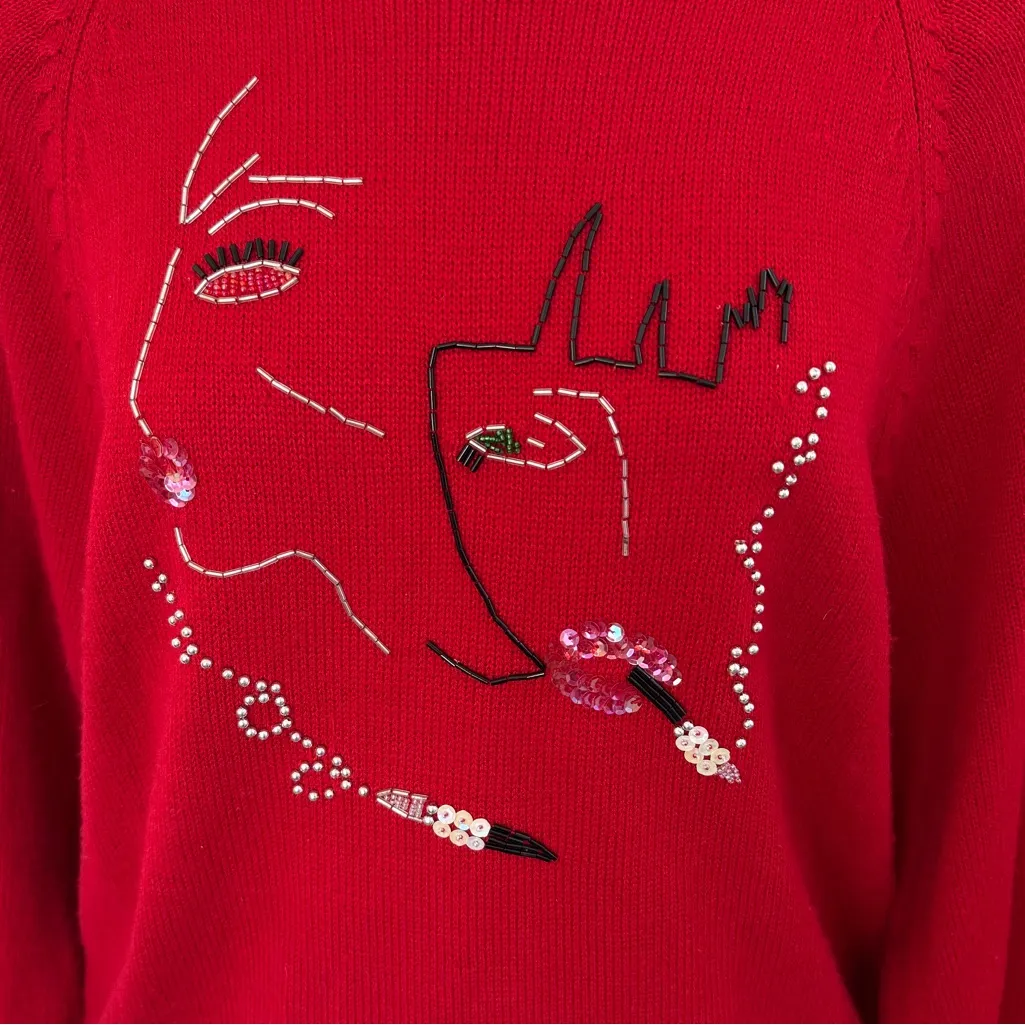 Vintage 90s Abstract Art Face Beaded Sweater Red Statement Knit Large - Image 6