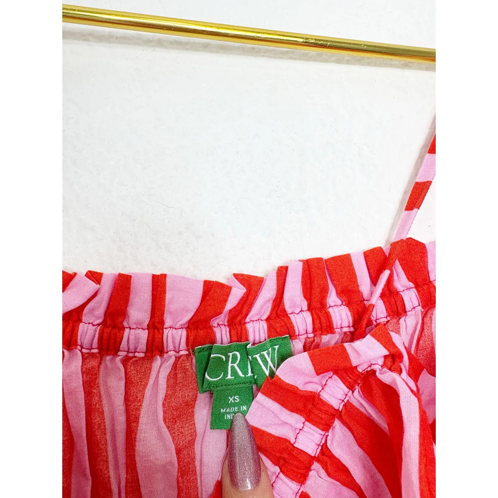 J. Crew Smocked Cotton Voile Top Stripe Size XS Red Pink Tie Straps Vday - Image 6