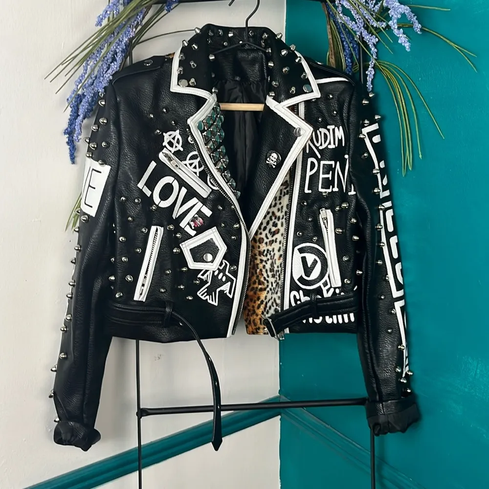 LORDLDS Women Black Leopard Leather Jacket Zip Up Moto Biker Fashion Streetwear Size M - Image 3