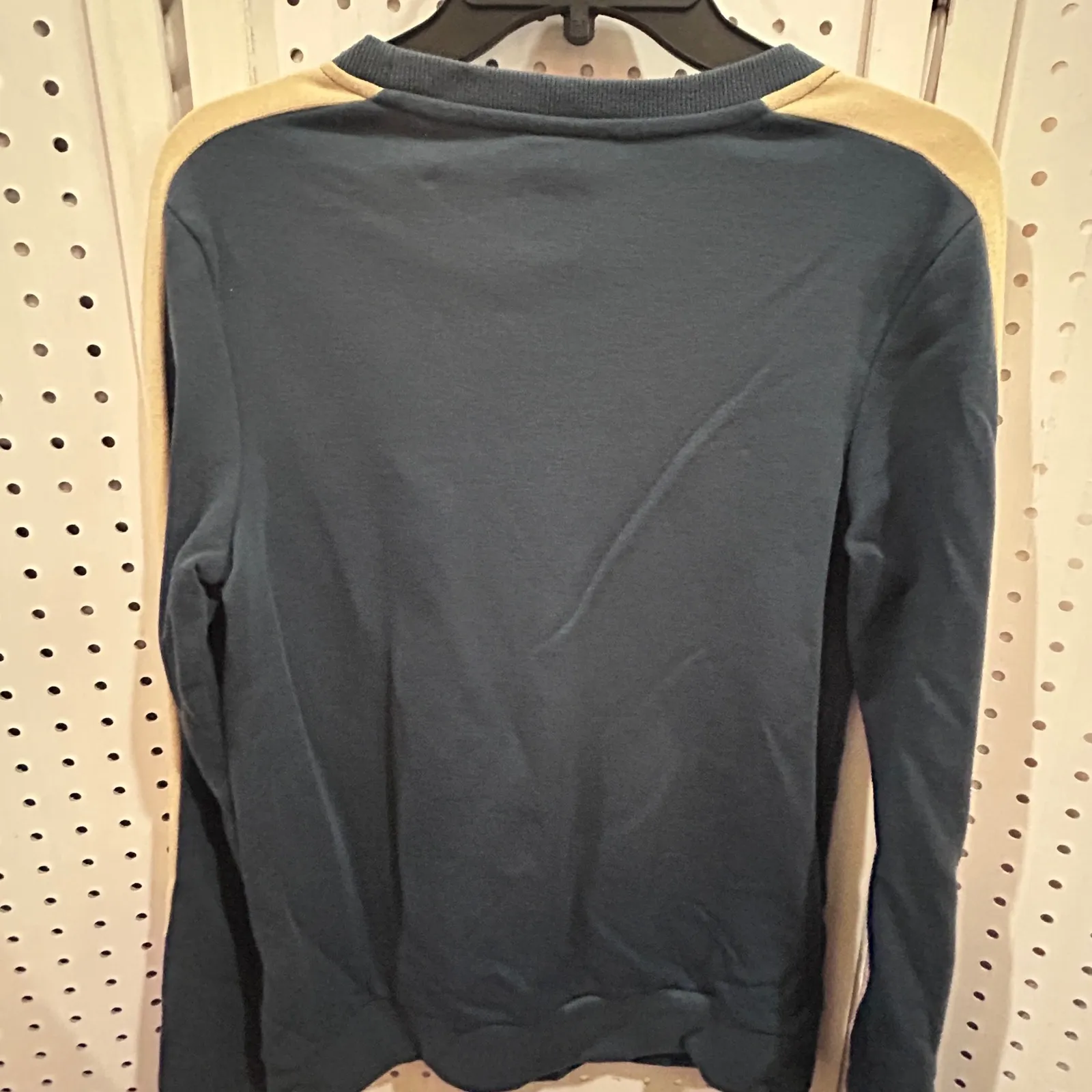 Adidas Crewneck Sweatshirt Navy Blue Tan Sleeves 3 Stripe Detail Size XS - Image 5