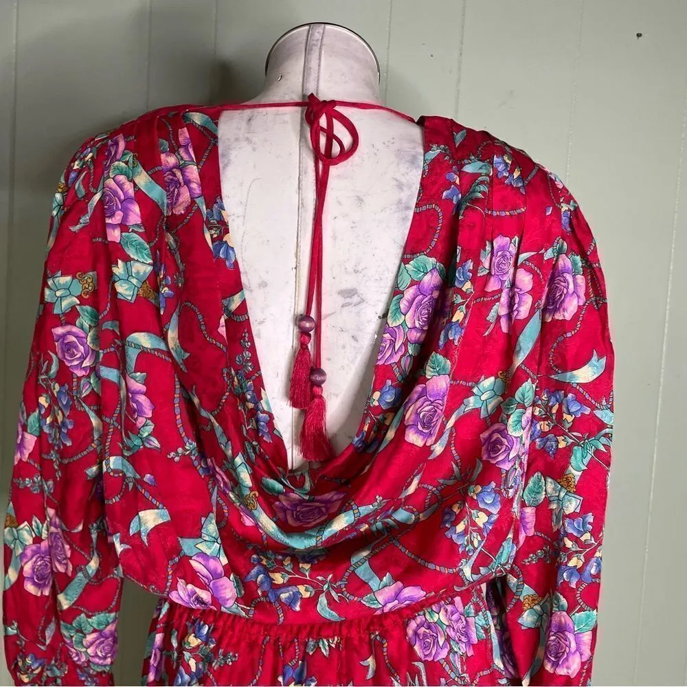 Vintage 80s Designer Diane Freis 100% Silk Beaded Plunge‎ Floral Midi Dress S M Red - Image 9