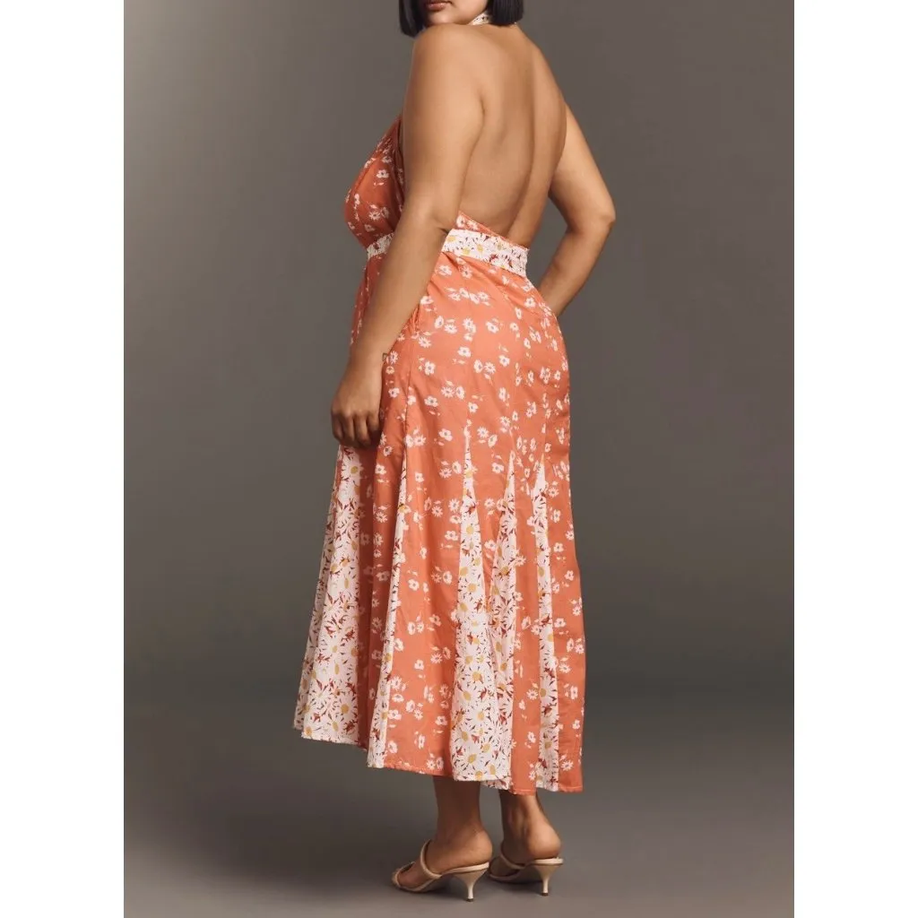 Maeve Anthropologie Halter Open-Back Sz XL Godet Midi Shirt Dress Orange Floral - Image 2