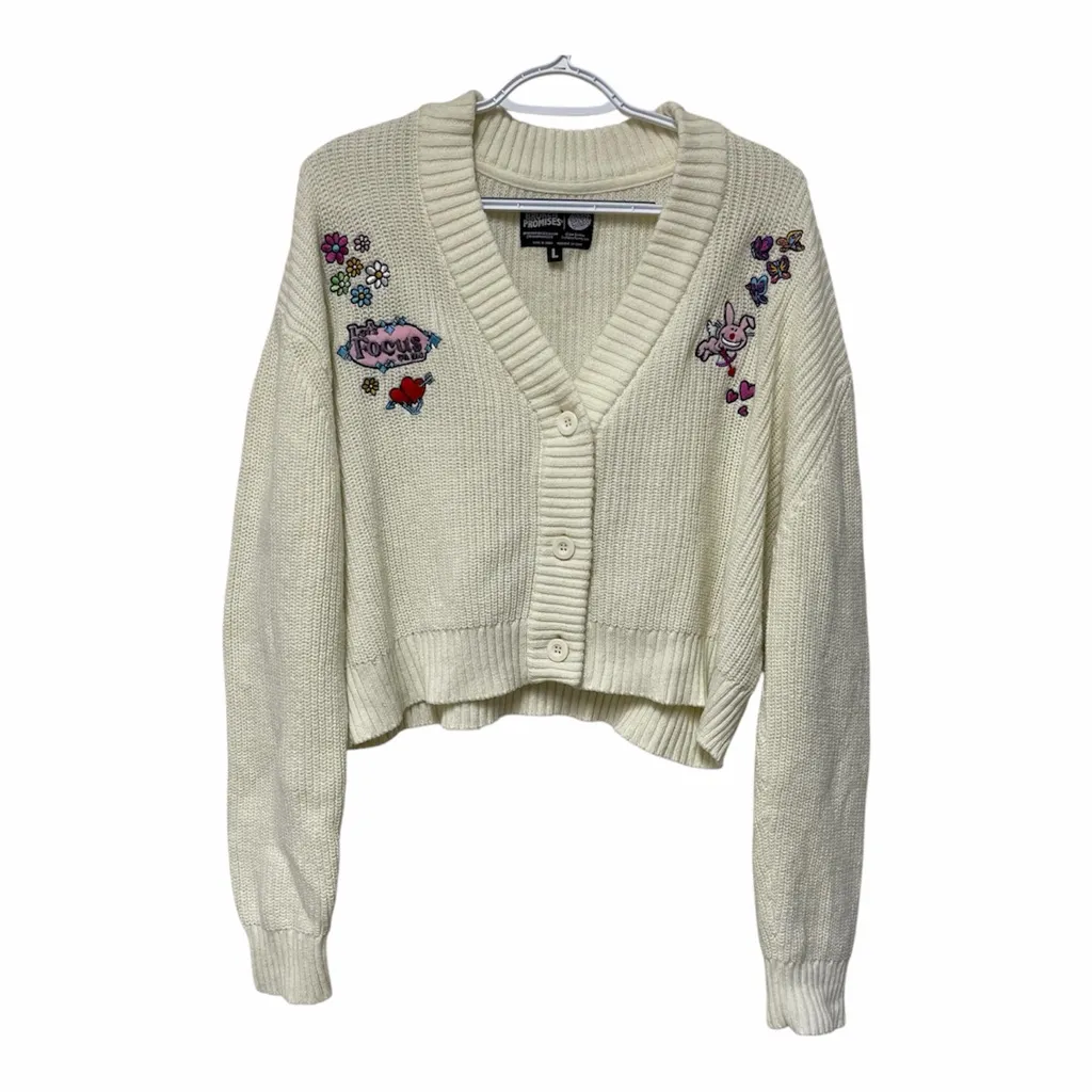 Chunky Knit Cropped Cardigan Sz L Happy Bunny Oversized Y2K Indie Sleeze Kidcore - Image 2