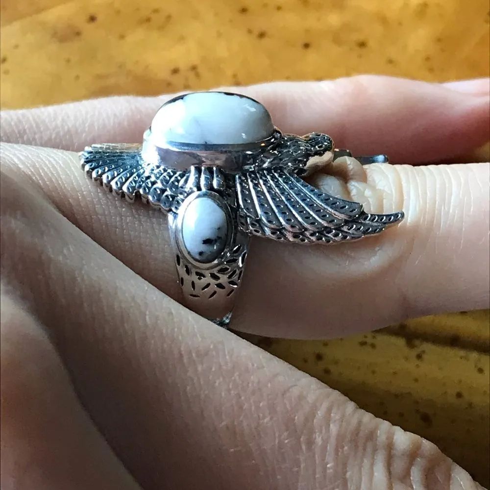 Natural White Buffalo Sterling Silver Eagle Ring Size 6 - Image 2