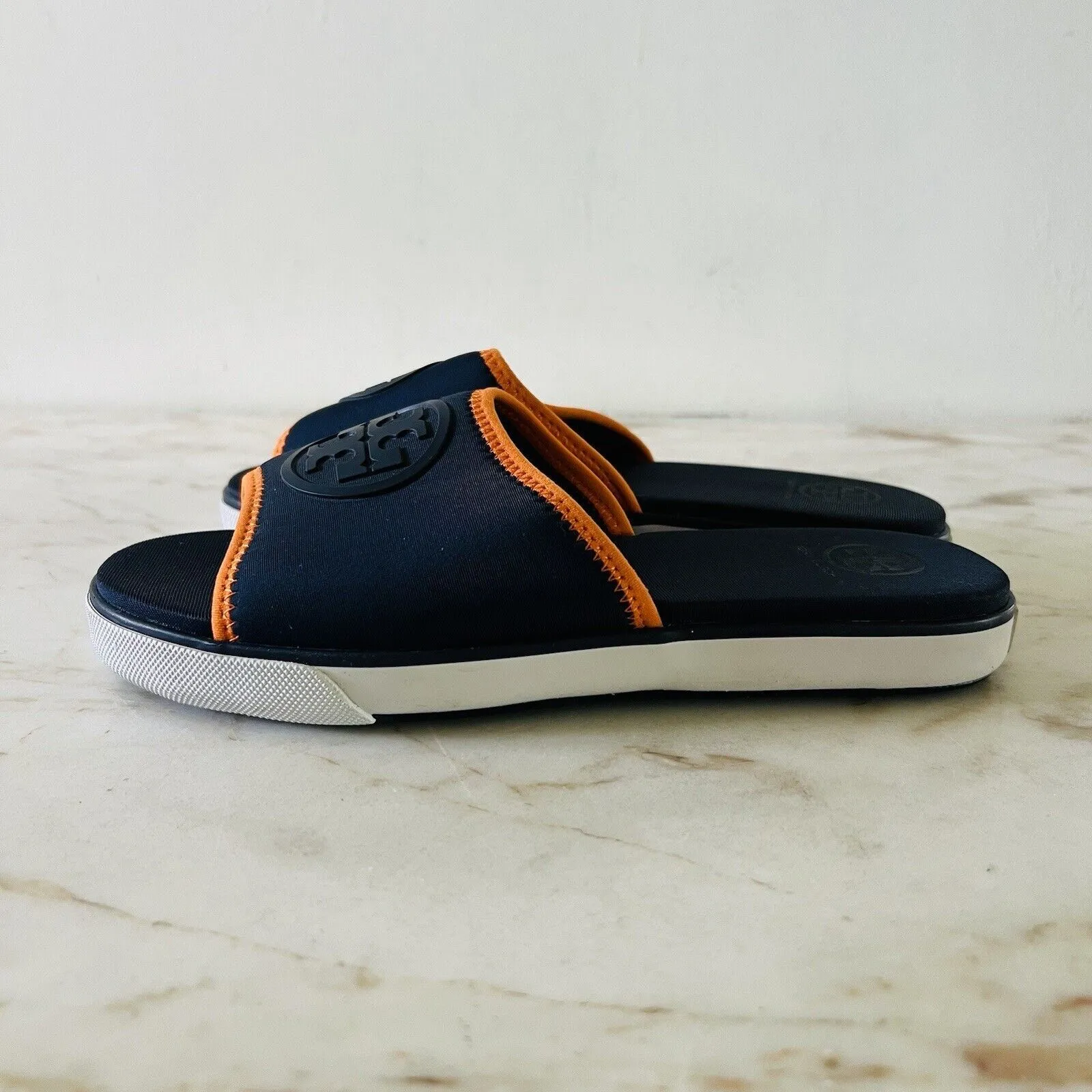Tory Burch  Navy Orange Matte Finished Neoprene Logo "T" Slide Slippers - US 6.5 - Image 5