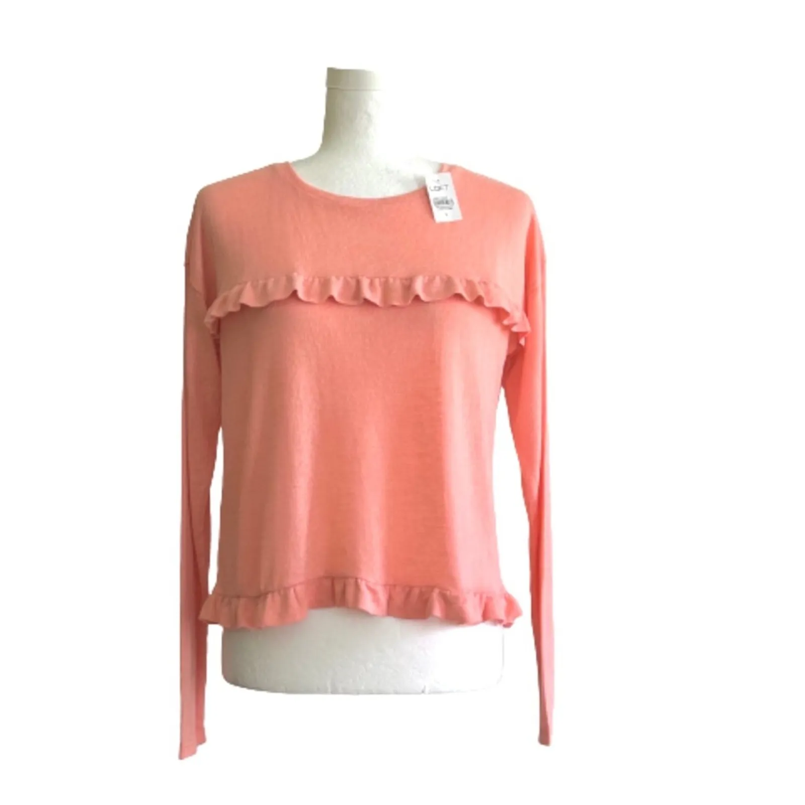 Loft Top Sweater Top Peach Coral Ruffled Long Sleeve Lightweight Cropped Small - Image 2