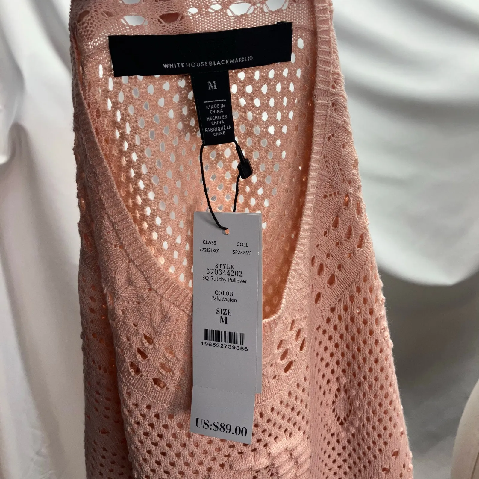 New White House Black Market Crew Neck Womens M Pink Open‎ Knit Crochet Sweater - Image 13