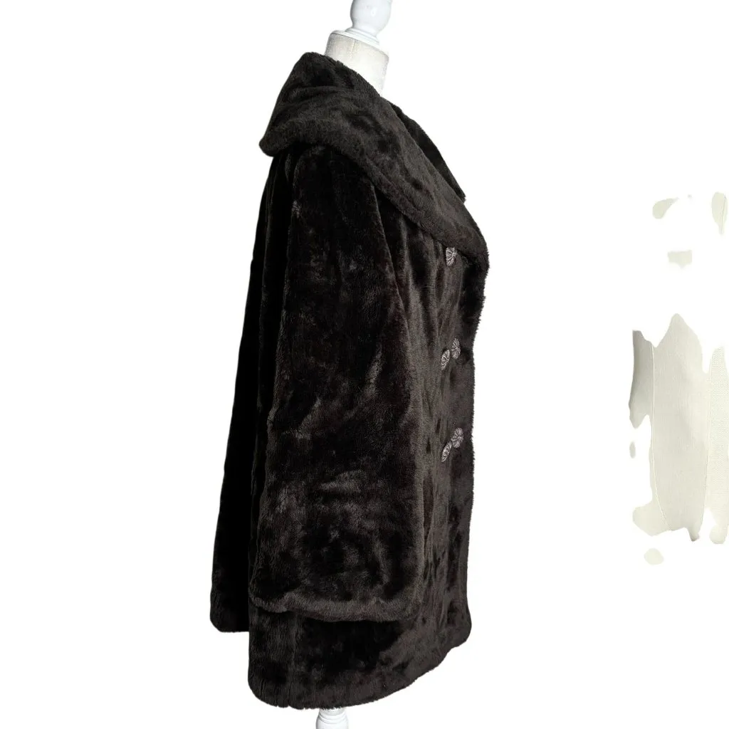 Vintage 70s Double Breasted Faux Fur Coat Large Buttons Pockets Orange Lining Brown - Image 4