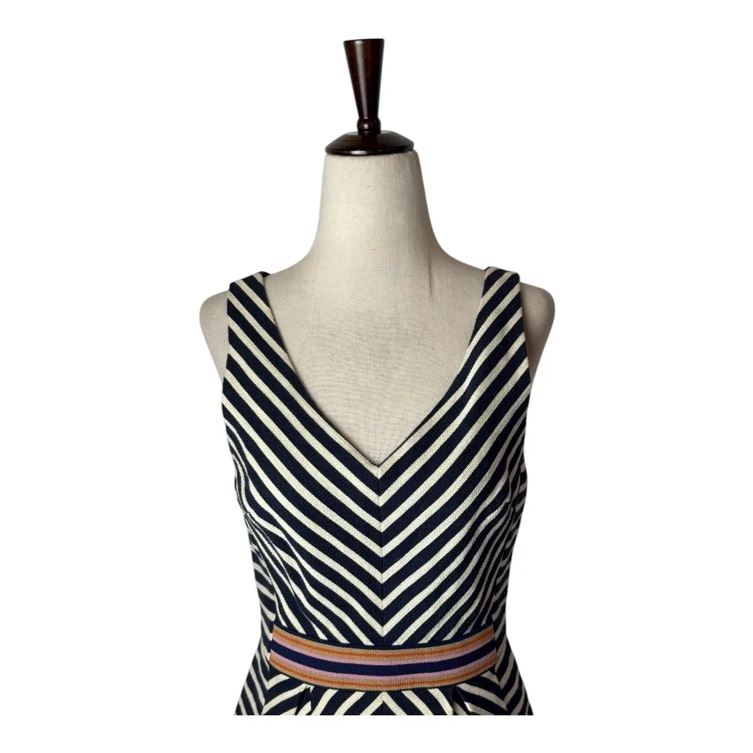 Maeve Anthropologie‎ Dress Women 2 Navy Blue Ivory Chevron Stripe Fit Flare Mini - Image 4