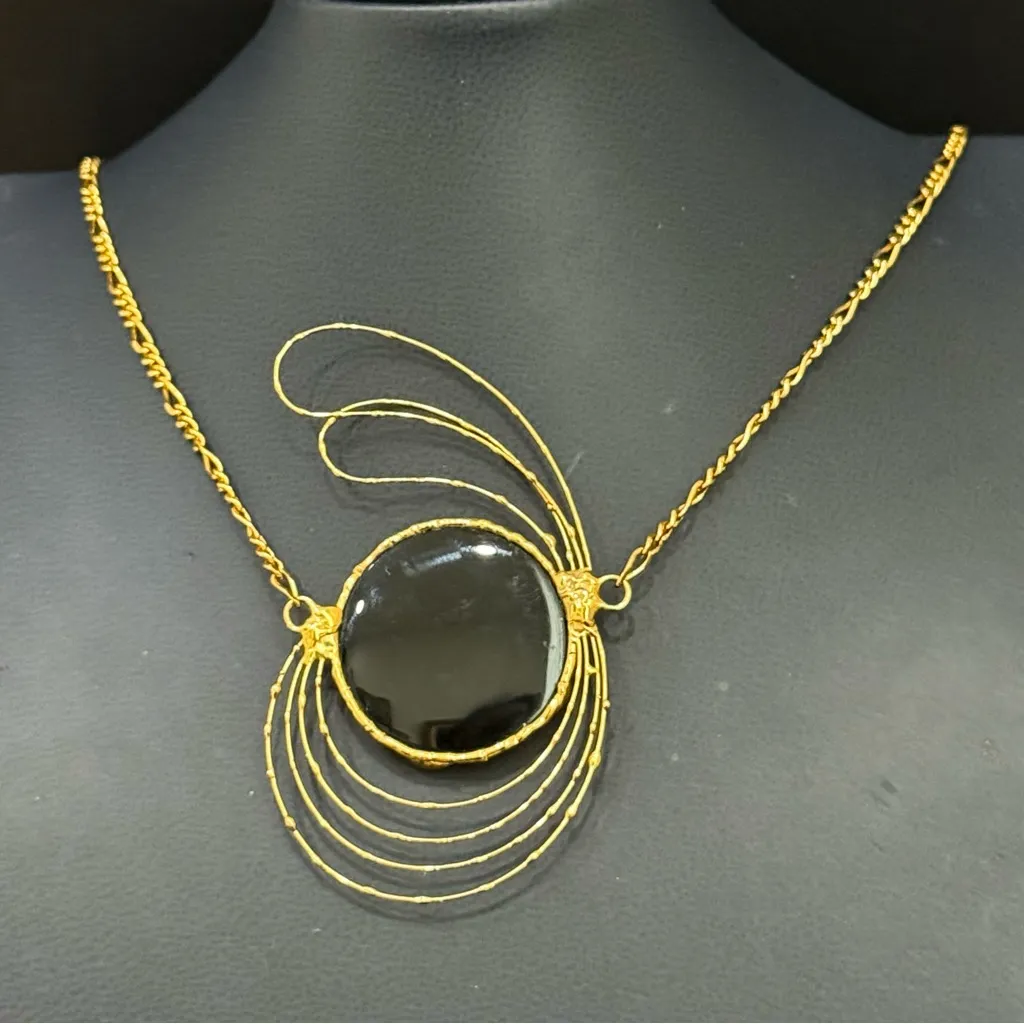 Vintage Handcrafted Modernist Brutalist MCM Black Obsidian Gold Wire Necklace - Image 14