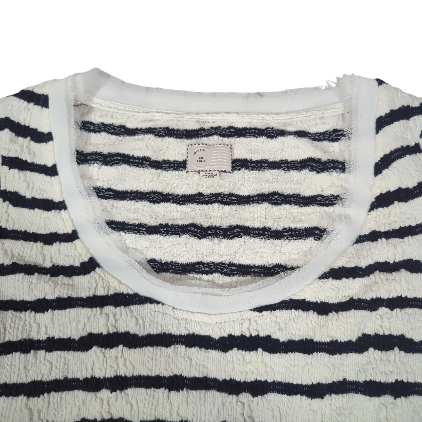 Anthropologie This Is A Story Striped Textured Knit Top Pleated Hem White Navy S - Image 4
