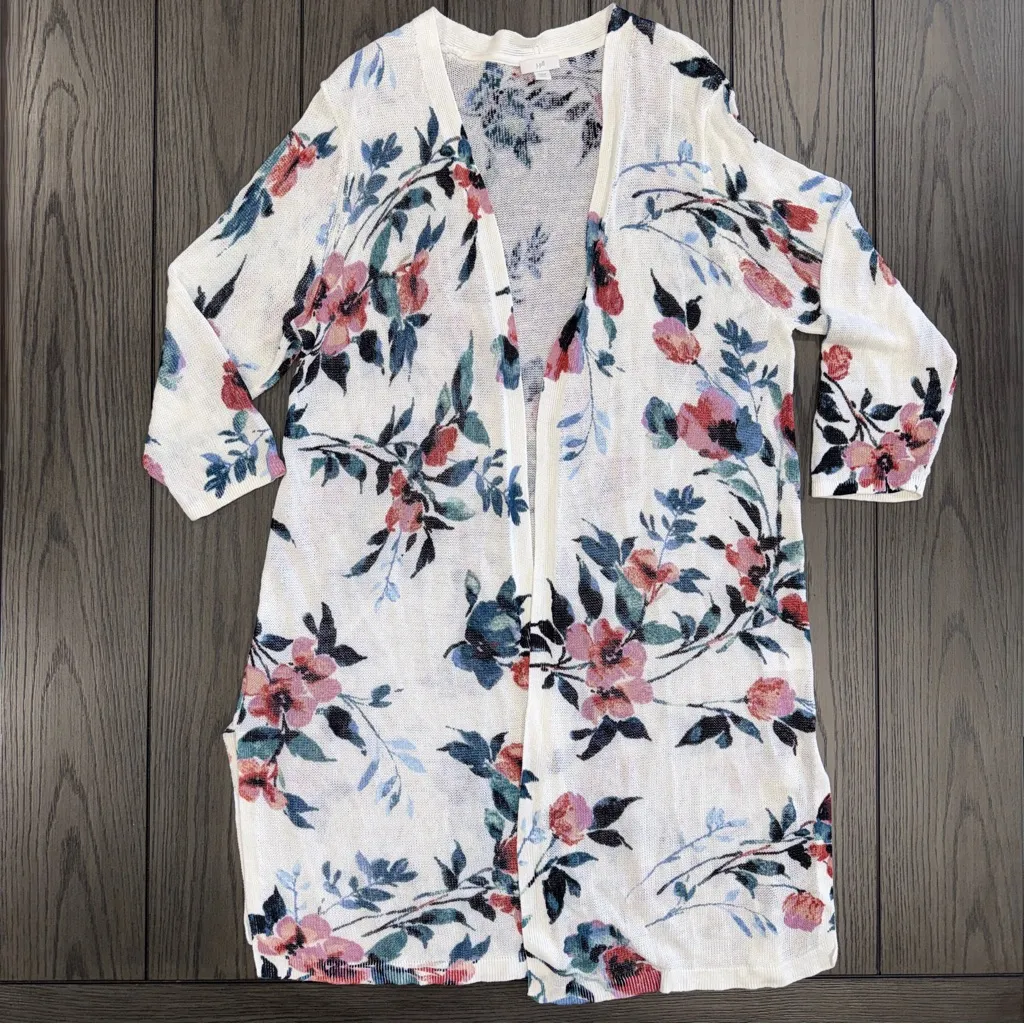 J Jill Linen Blend Longline Cardigan Floral Print Size LP Whimsical Boho White - Image 2
