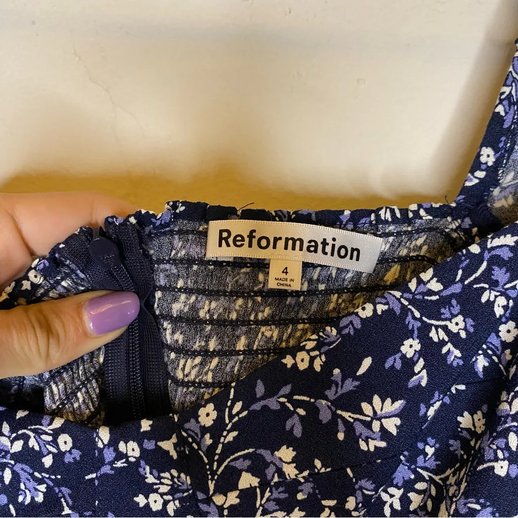 REFORMATION Mochi Floral Long Sleeve Sweetheart Mini Dress Blue/White Sz 4 Small - Image 7