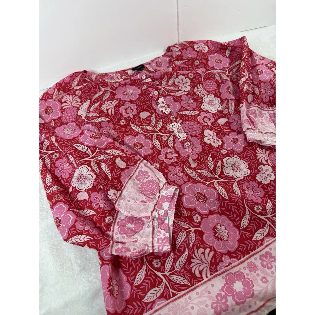 Talbots Floral Paradise Puff Sleeve Popover Blouse Red Pink Valentine’s Day Sz L - Image 2