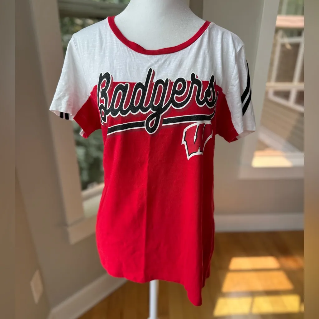 Wisconsin Badgers Red White Black Stripe Short Sleeve Women’s Tee Shirt Medium - Image 11