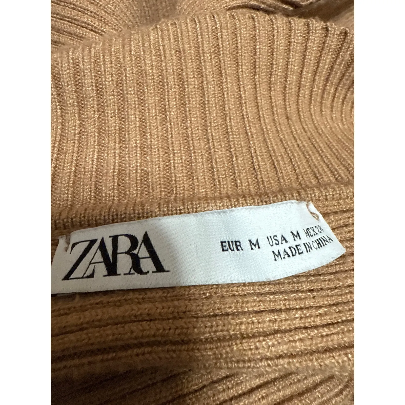Zara Tan Long Balloon Sleeve Ribbed Knit Turtleneck Boxy Sweater Top Size M - Image 3