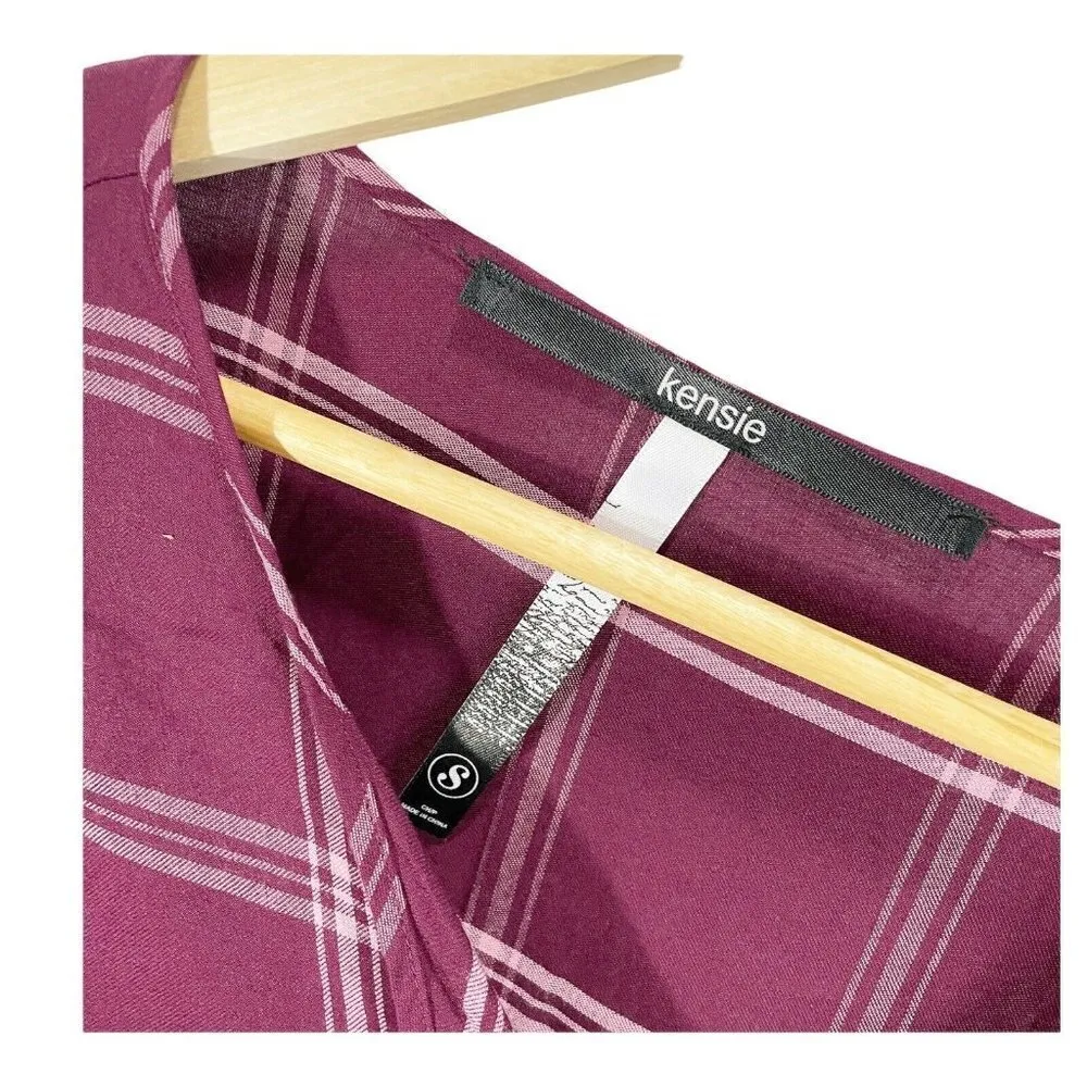 Kensie Purple Plaid Ruffle Front Shift Dress Sz S V-neck Long Sleeve NEW - Image 5