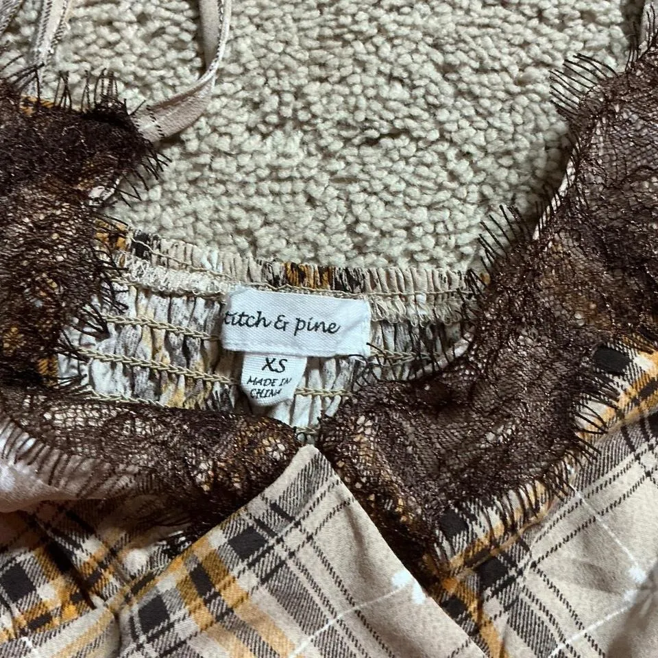 Stitch Pine Plaid Lace Trim Cami Dress XS Brown White Yellow Flannel - Image 6