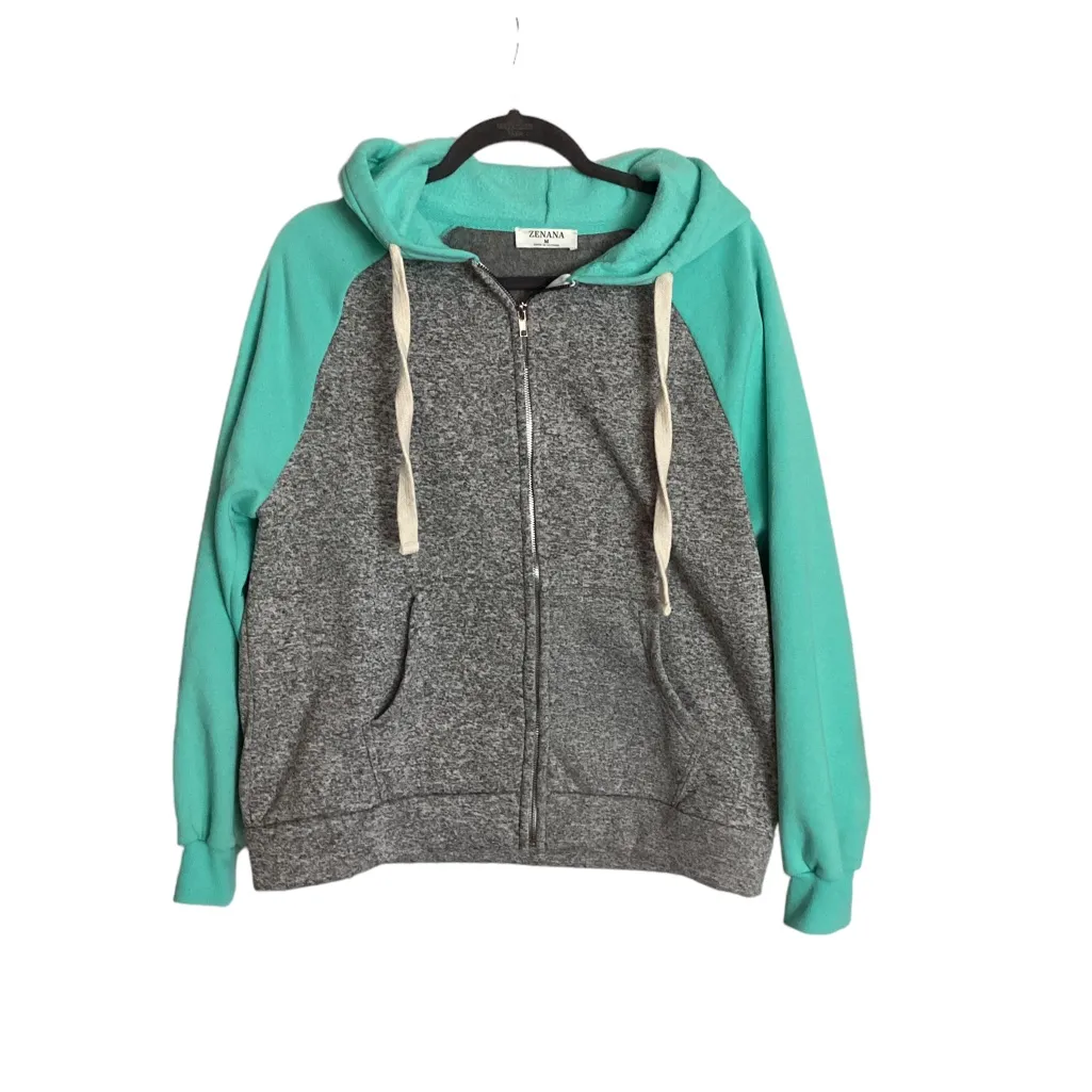 ZENANA zip up hoodie. Gray/turquoise. Size Medium - Image 8