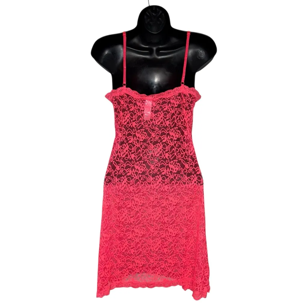 Floral Lace Hot Neon Pink Slip Dress Sheer with‎ Adjustable Straps and Side Slit Size M - Image 2