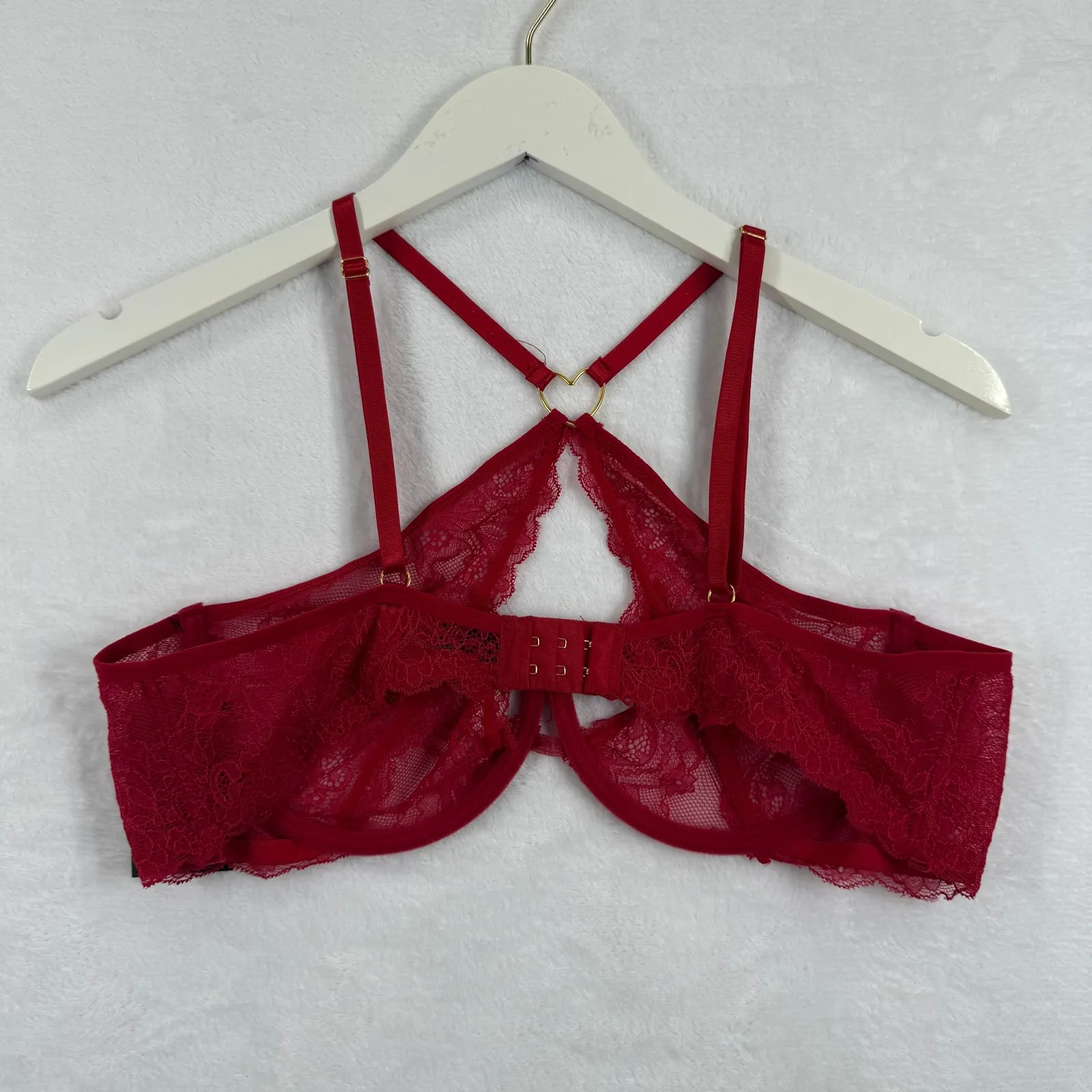 NWT Fredericks of Hollywood Red Lace Heart Ring Strappy Balconette Bra L/XL Size undefined - Image 6