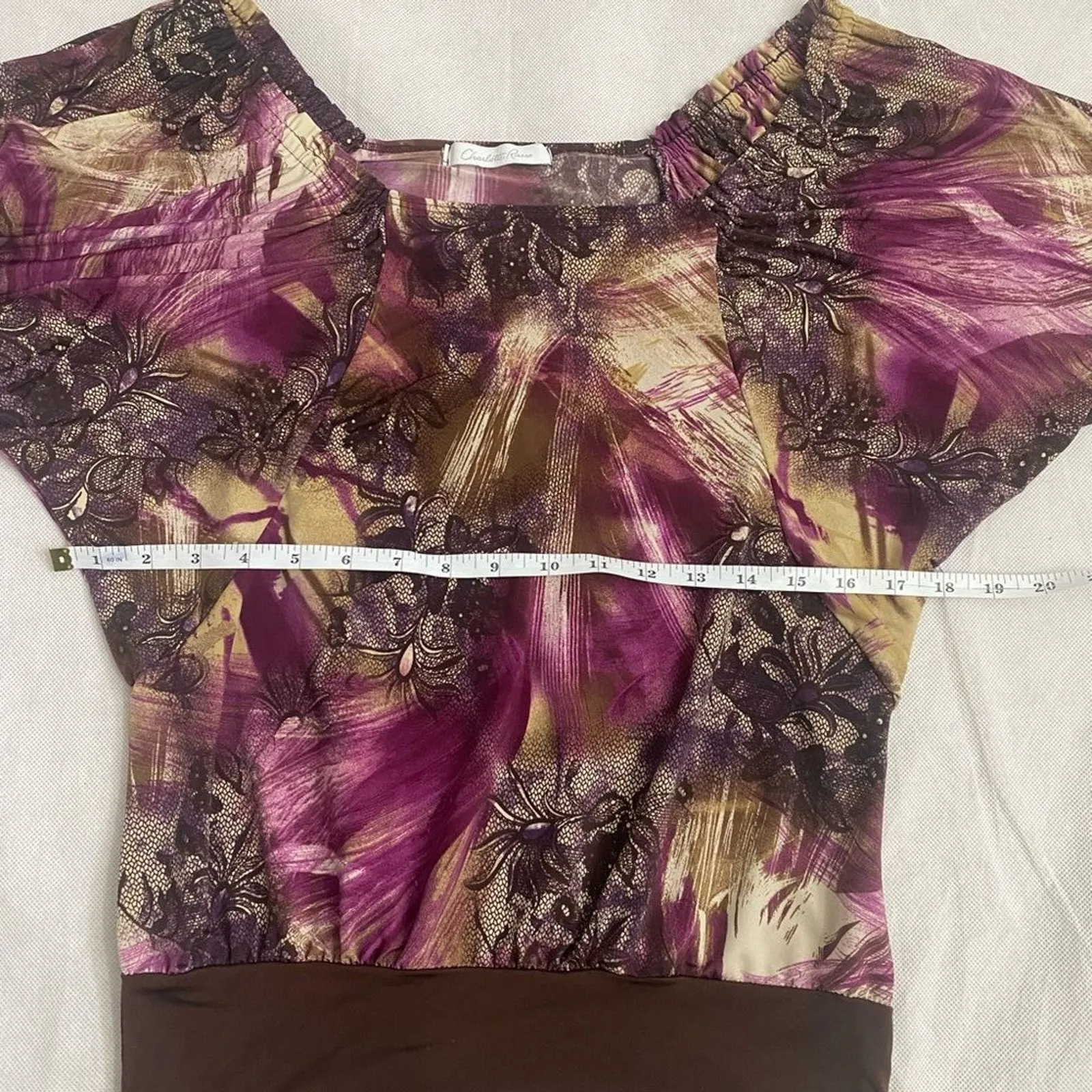 Charlotte Russe‎ Floral size small Blouse purple black beige short sleeve Y2K - Image 11