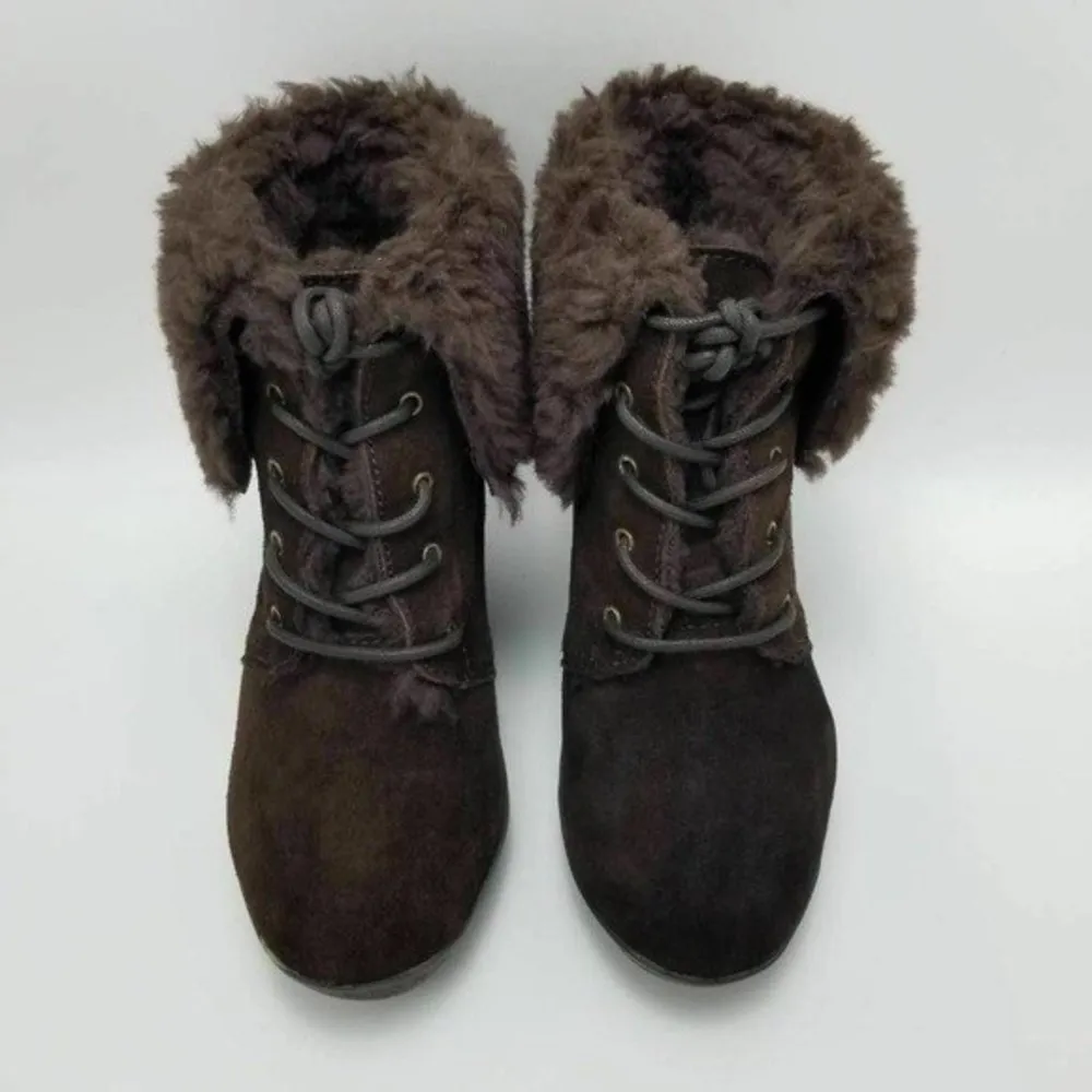 BEARPAW Flatiron Sheepskin Leather Suede Wedge Boots Brown Size 7 - Image 3