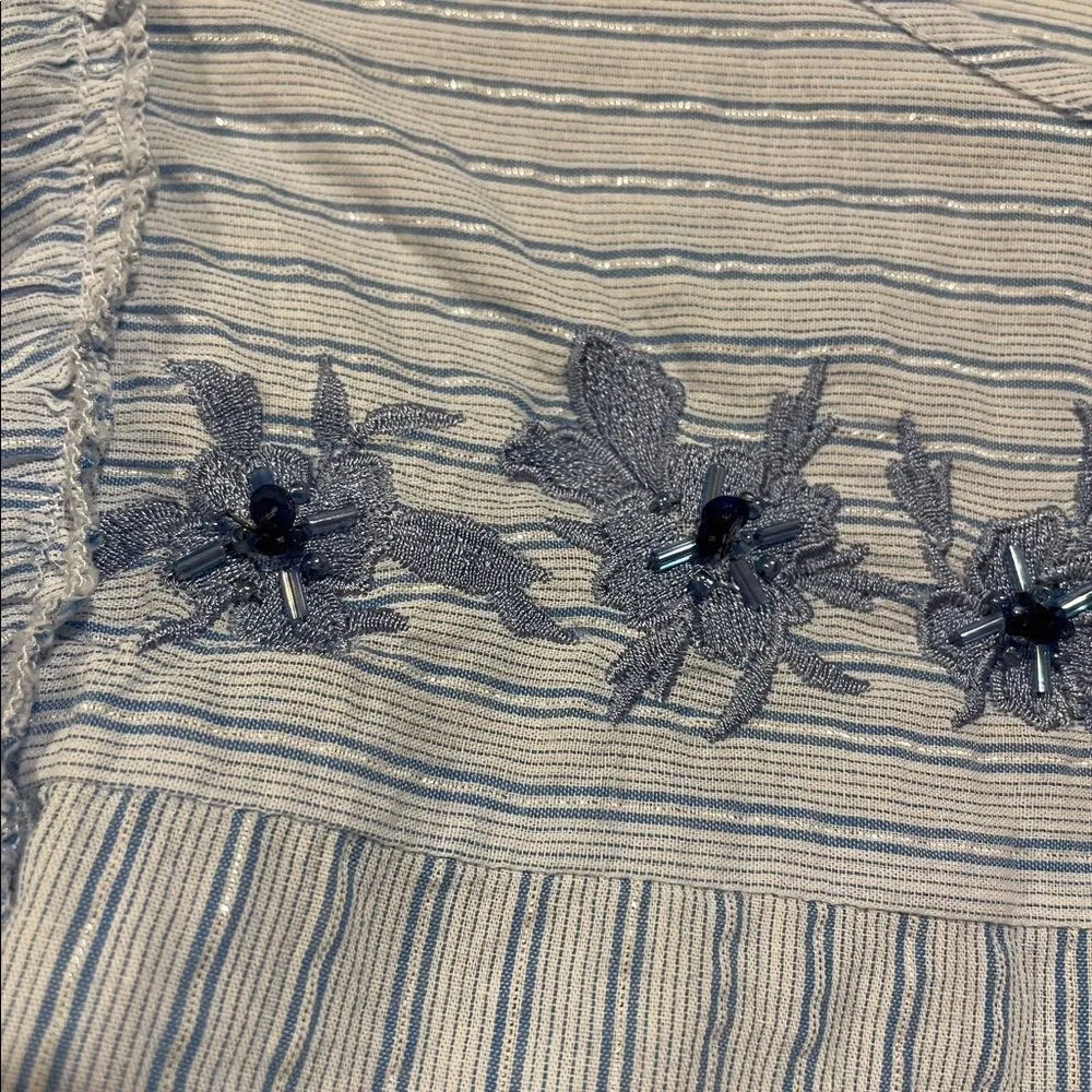 Westport Blue and Sparkly Silver Pin Stripe Embroidered Beaded Flare Sleeve Top - Image 3