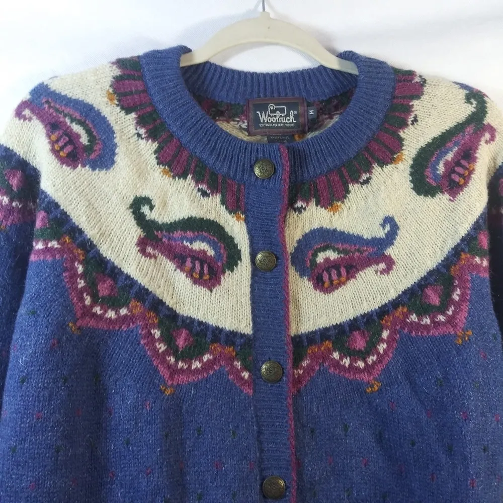 Woolrich Mohair Wool Blend Cardigan Paisley Artic Blue Heather Handframed Medium - Image 3