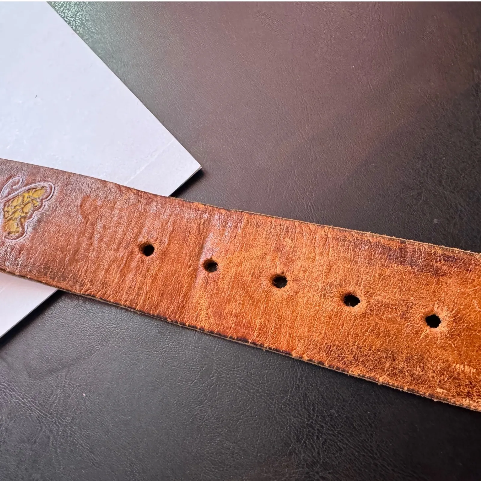 70s Vtg sz 34 Painted Mushroom Butterfly Floral Tooled Leather Belt W/Zee Buckle Brown - Image 9