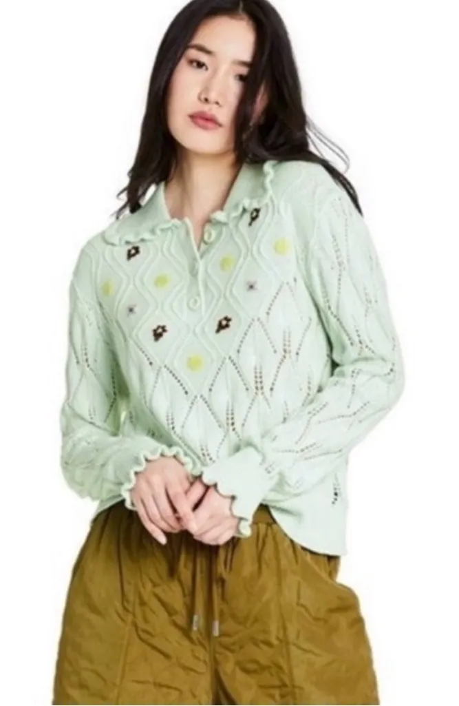 Sandy Liang Target Green Open Knit Peter Pan Collar Sweater Embroidered Size M - Image 1