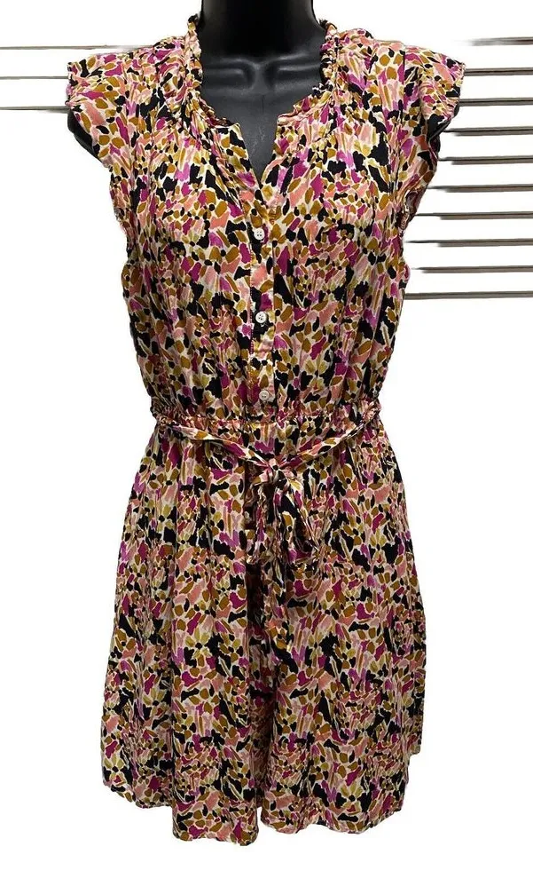 Collective Concepts Mustard Pink White Abstract Ruffle Cap Sleeve Dress Size S - Image 1