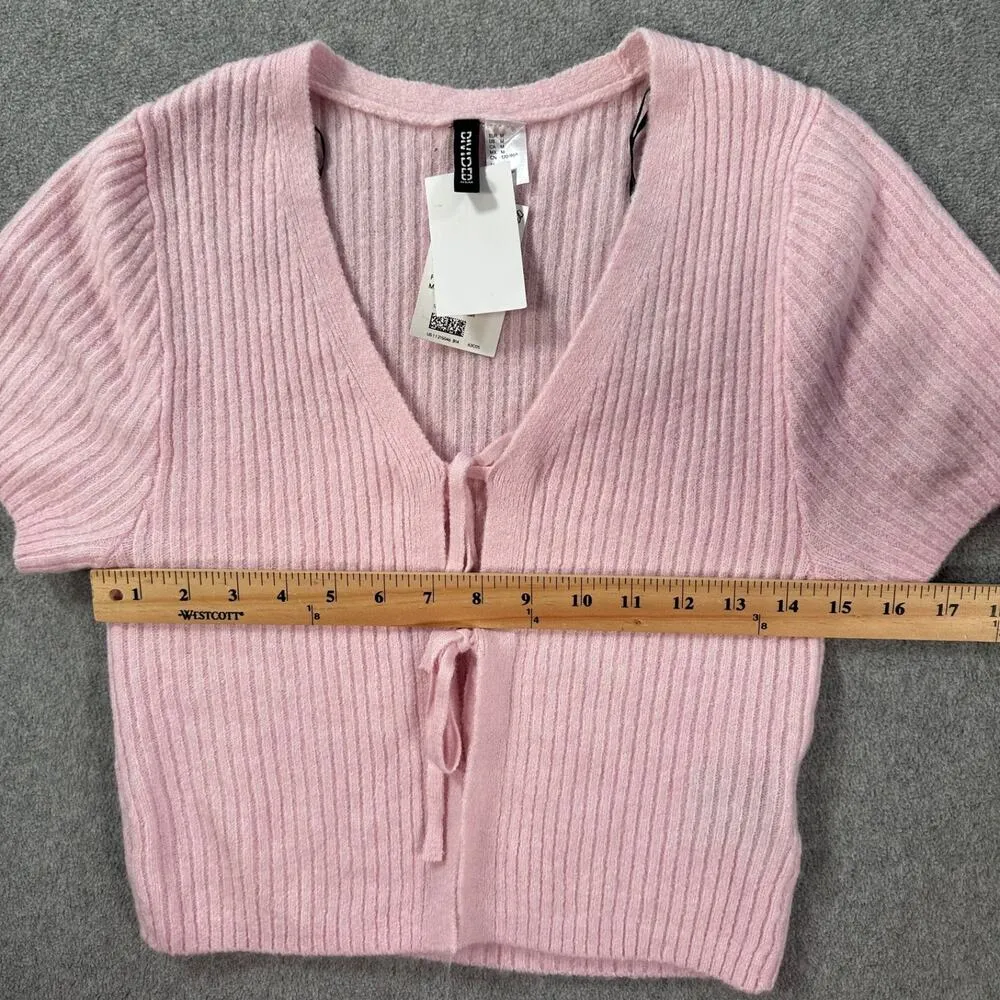 H&M Ribbed Knit Tie Front Sweater Top Women Medium Pink Short Sleeve Cropped New - Image 6