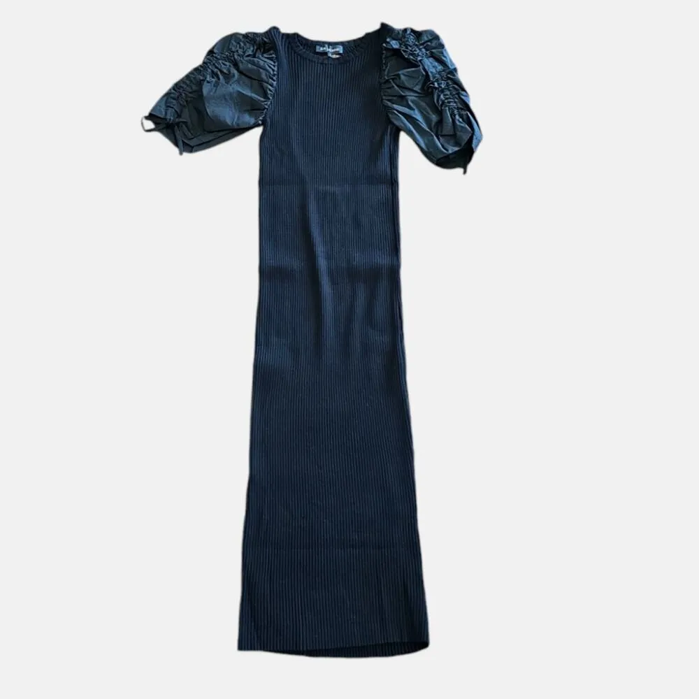 Anthropologie En Saison Fitted Maxime Midi Dress Puff Sleeves Black Size Medium - Image 6