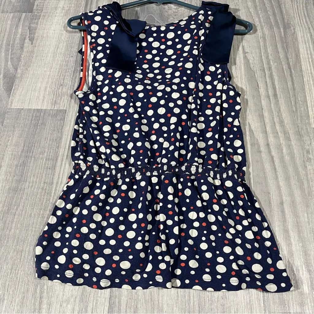 Rio Rae Anthropologie Navy Polka Dot Sleeveless Top with Ruffle Bow Detail Blue Size M - Image 8