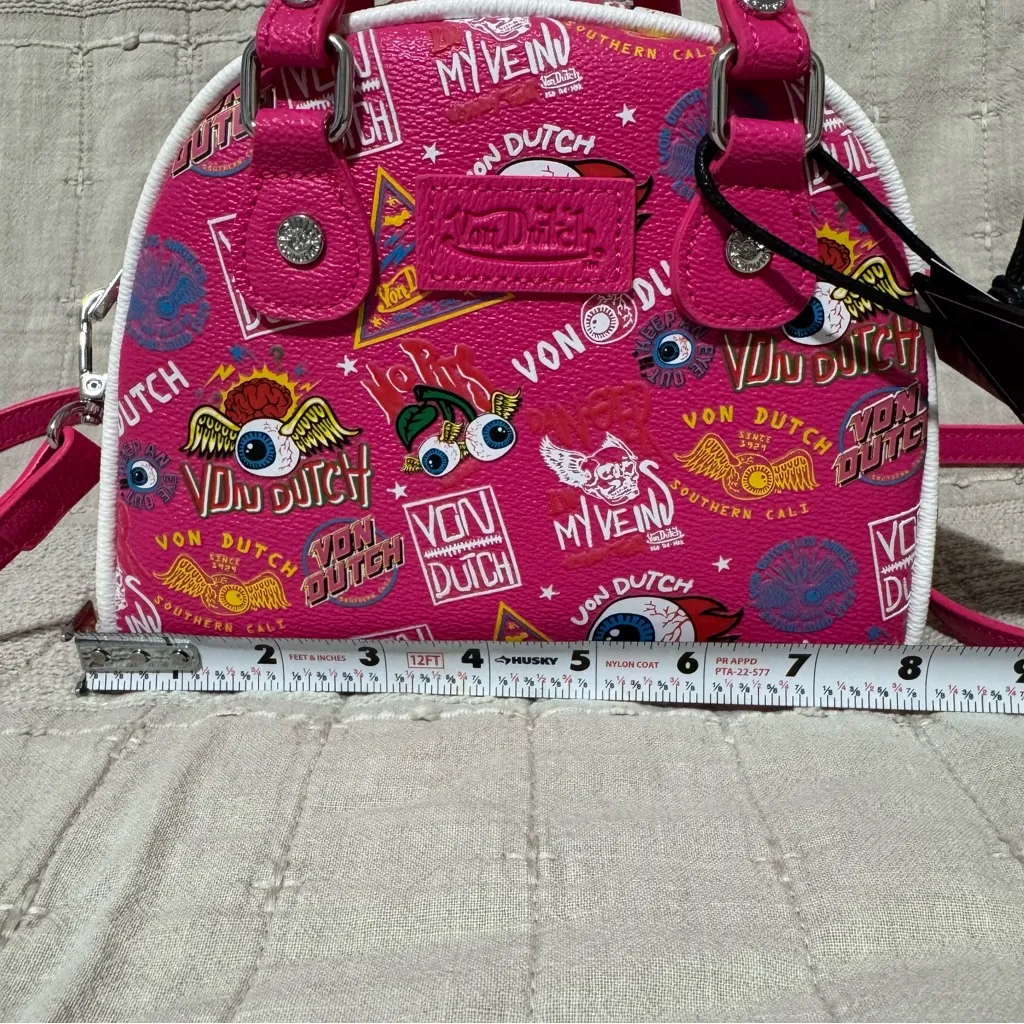 Von Dutch Jax Hot Pink and Black Graphic Bowling Luxury Bag - Image 13