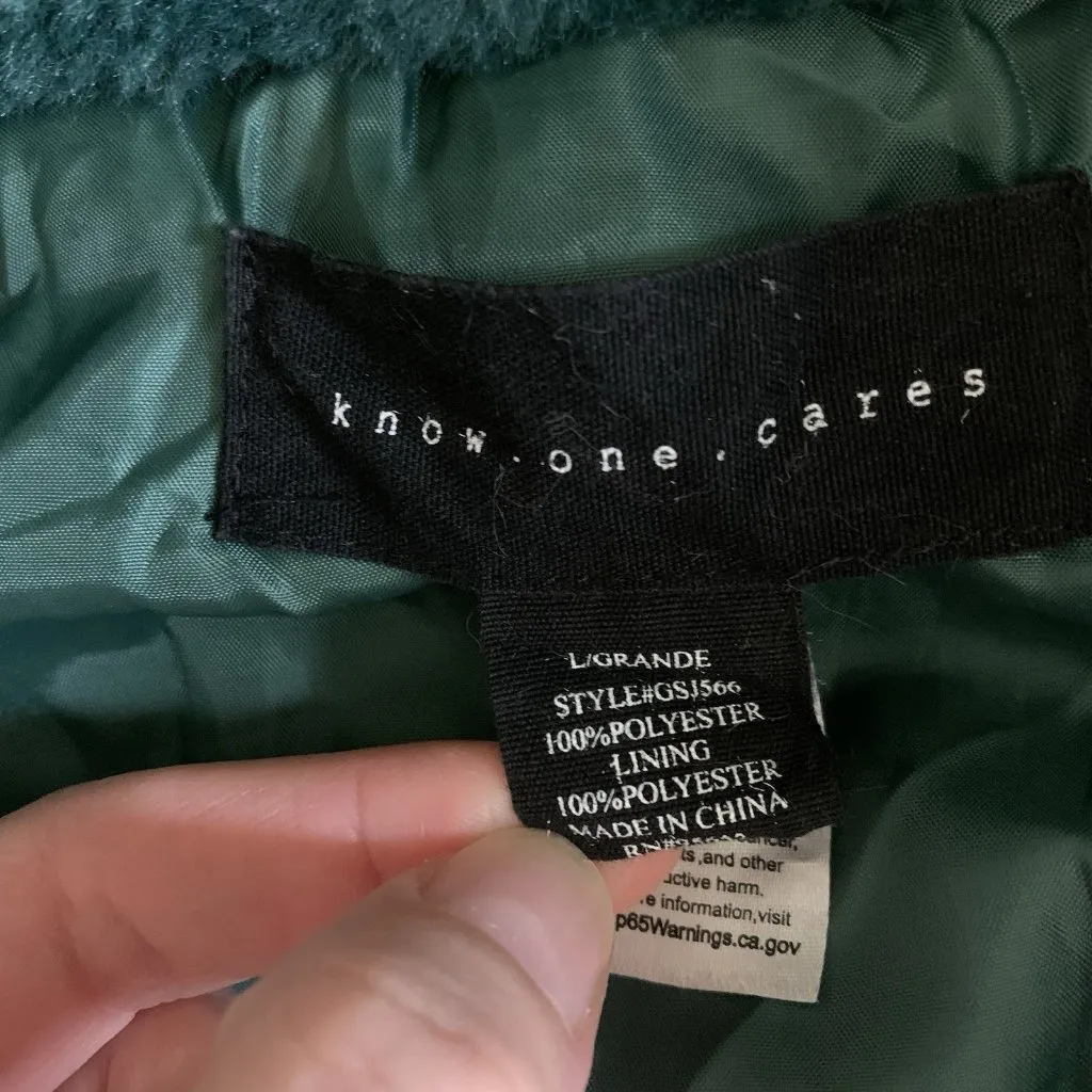 Know One Cares Forest Green Faux Fur Zip‎ Jacket L Cozy Soft Y2K Winter - Image 3