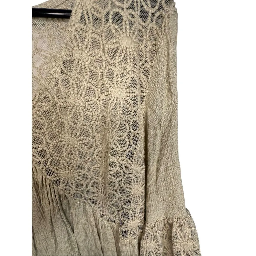 Kori America Half Sleeve Baby Doll Blouse With Crochet Flowers Green Size L - Image 3