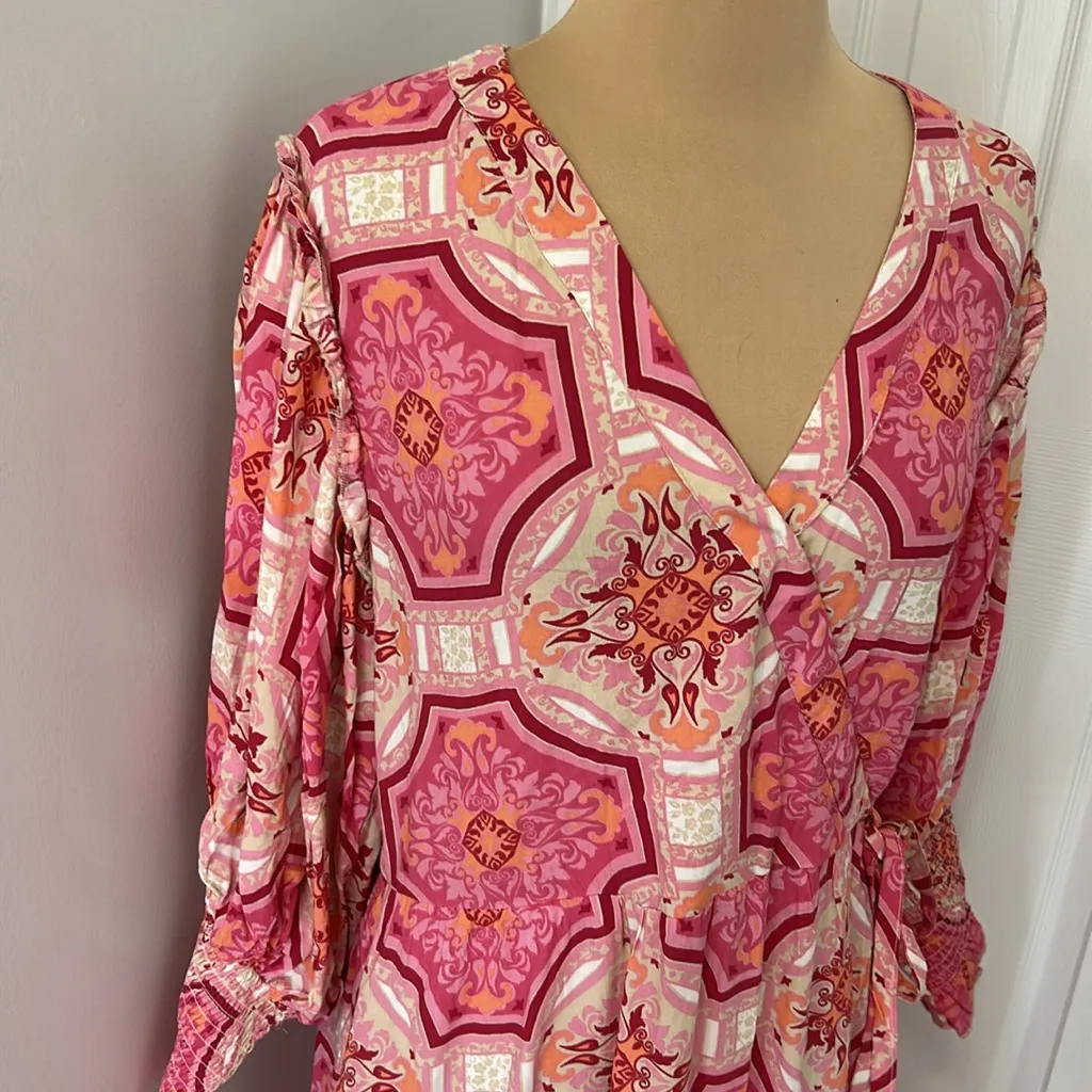 Lea Pink Printed Ruffle Trim Wrap Maxi Dress Size M - Image 5