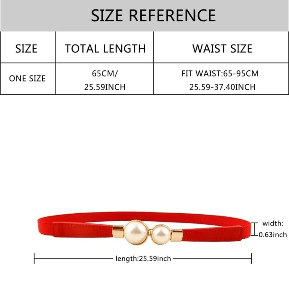 Red & gold pearl‎ belt Imitation Pearl Pair Buckle Thin Belt Monochrome Elastic - Image 10